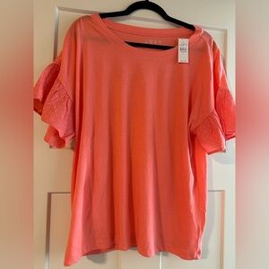 LOFT Coral Crew Neck Tee with ruffle sleeve